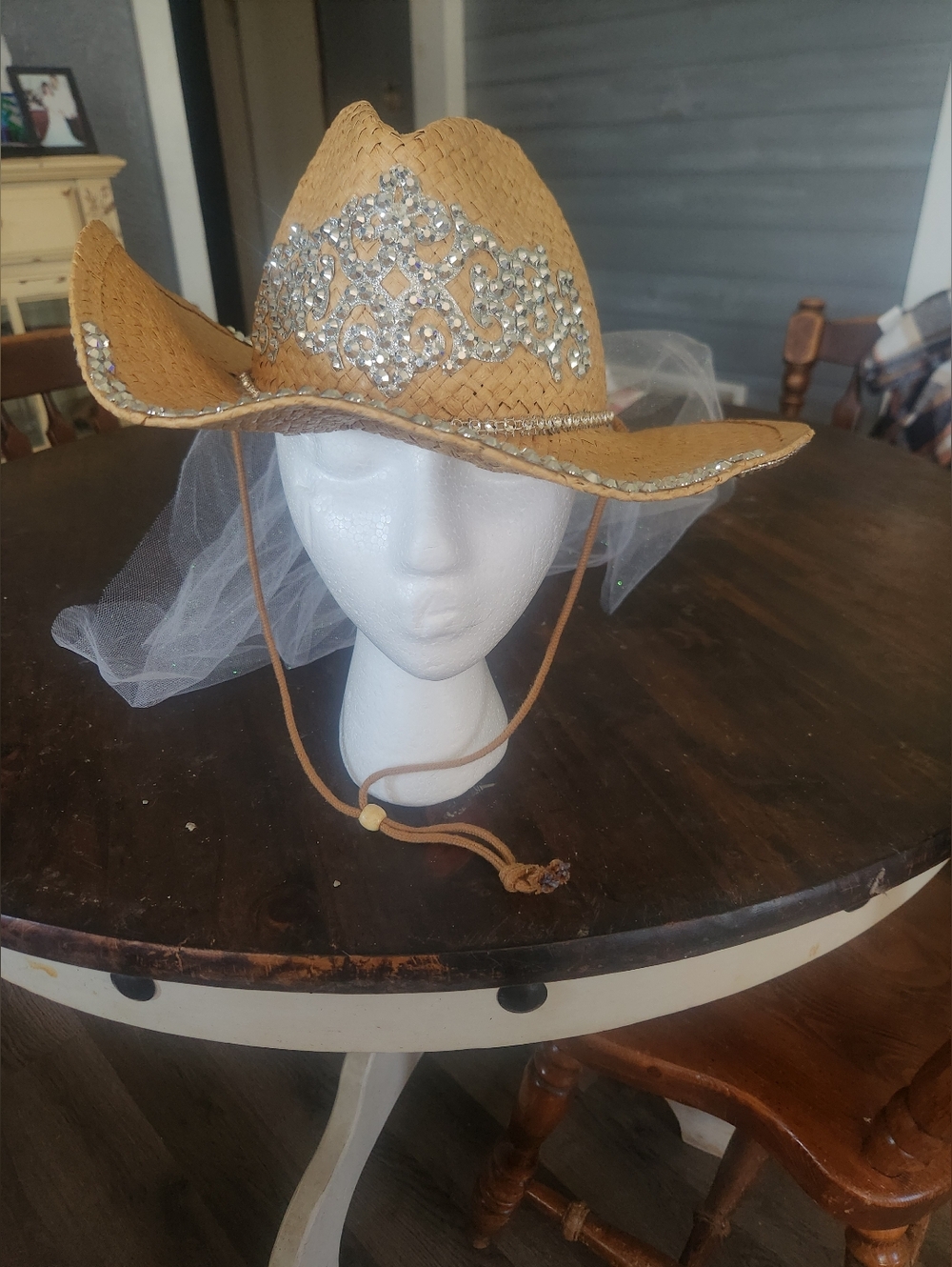 Straw Cowboy Hat with Silver Rhinestone And Touile Veil Accents - Tan